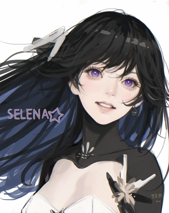 1girl black_dress black_hair blue_hair breasts character_name cleavage_cutout clothing_cutout d.k dress earrings headgear jewelry open_mouth pearl_earrings punishing:_gray_raven selena:_capriccio_(punishing:_gray_raven) small_breasts solo violet_eyes white_background white_dress