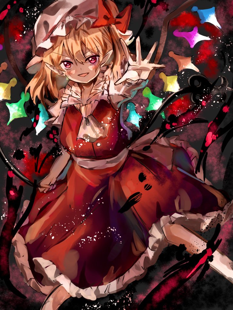 1girl ascot back_bow blonde_hair bow collared_shirt commentary feet_out_of_frame flandre_scarlet frilled_shirt_collar frilled_skirt frills hair_between_eyes hat hat_bow hat_ribbon holding holding_polearm holding_weapon laevatein_(touhou) large_bow looking_at_viewer medium_hair mob_cap multicolored_wings open_mouth pointy_ears polearm puffy_short_sleeves puffy_sleeves red_background red_bow red_eyes red_ribbon red_skirt red_theme red_vest ribbon shirt short_sleeves skirt skirt_set solo sutaku77224 touhou triangle_mouth v-shaped_eyebrows vest weapon white_bow white_headwear white_shirt wings