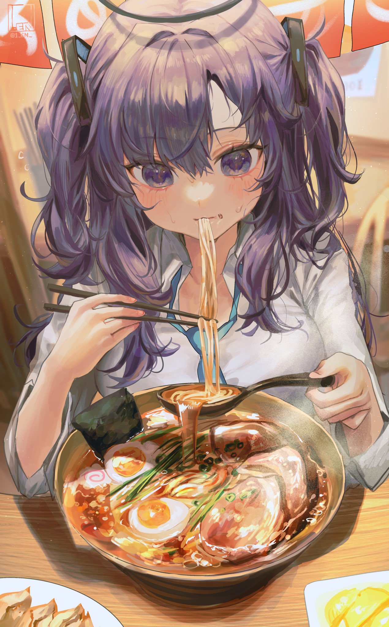1girl black_halo blue_archive blue_eyes blue_hair blue_necktie blush bowl char-siu chopsticks collared_shirt desk eating egg_(food) food food_in_mouth hair_intakes hair_ornament halo highres holding holding_chopsticks holding_spoon indoors kamaboko leni_(1_en) long_sleeves looking_down narutomaki necktie noodles nori_(seaweed) parted_bangs plate ramen shirt sleeves_rolled_up softboiled_egg spoon two_side_up white_shirt yuuka_(blue_archive)