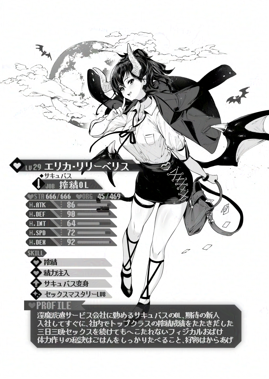 1girl bag bat_(animal) business_card character_profile choker clouds croriin demon_girl demon_horns demon_tail demon_wings erika_lilibelith_(croriin) finger_to_mouth flying full_body greyscale hand_up highres holding holding_bag horns jacket jacket_on_shoulders long_hair low_wings monochrome open_mouth original partially_translated skirt sleeves_rolled_up solo stats tail translation_request wings