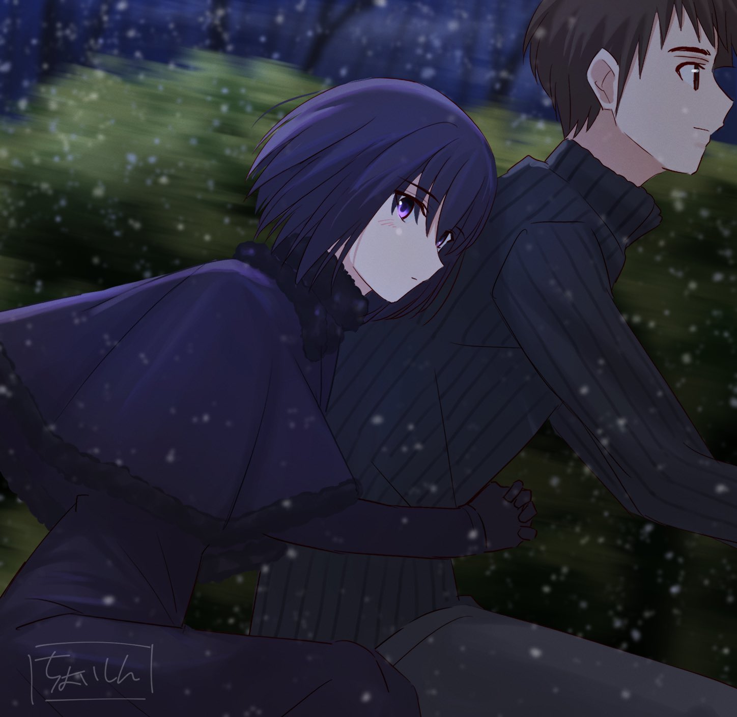 1boy 1girl bicycle black_capelet black_dress black_gloves black_hair black_sweater blush brown_eyes brown_hair capelet closed_mouth commentary_request dress from_side fur-trimmed_capelet fur_collar fur_trim gloves highres hug hug_from_behind kuonji_alice long_sleeves mahou_tsukai_no_yoru profile ribbed_sweater riding riding_bicycle shintyoi2 shizuki_soujuurou short_hair sitting snow snowing sweater turtleneck turtleneck_sweater violet_eyes