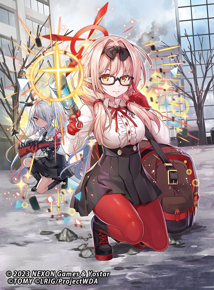 2girls bare_tree black_footwear black_gloves black_ribbon black_skirt black_socks blue_archive boots breasts chachie chinatsu_(blue_archive) clouds dark-skinned_female dark_skin glasses gloves grey_hair hair_over_one_eye hair_ribbon hairband halo holding iori_(blue_archive) large_breasts light_brown_hair long_hair long_sleeves looking_at_viewer multiple_girls official_art on_one_knee orange_eyes outdoors pantyhose pleated_skirt pointy_ears red_eyes red_gloves red_pantyhose ribbon shirt skirt sky socks syringe tail tree white_shirt wixoss