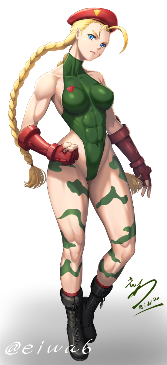 1girl abs ahoge antenna_hair bare_legs bare_shoulders beret black_footwear blonde_hair blue_eyes boots braid breasts cammy_white camouflage clenched_hand covered_collarbone covered_navel eiwa fingerless_gloves full_body gloves green_leotard groin hat highleg highleg_leotard highres legs leotard lips long_hair looking_at_viewer medium_breasts muscular muscular_female red_gloves red_headwear scar signature sleeveless sleeveless_turtleneck sleeveless_turtleneck_leotard solo street_fighter street_fighter_ii_(series) thighs thong_leotard turtleneck turtleneck_leotard twin_braids twitter_username white_background