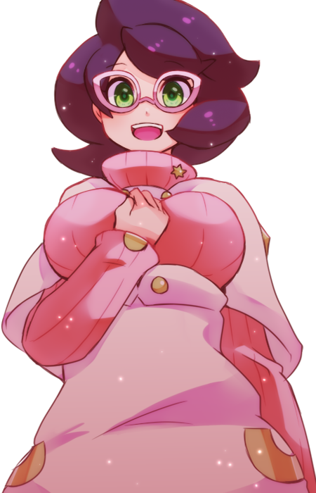 1girl big_hair breasts buttons capelet glasses green_eyes hand_on_own_chest large_breasts long_sleeves mochi_(g_mochi) pink-framed_eyewear pink_sweater pokemon pokemon_(game) pokemon_sm purple_hair ribbed_sweater skirt solo sweater teeth turtleneck turtleneck_sweater upper_teeth_only white_capelet white_skirt wicke_(pokemon)