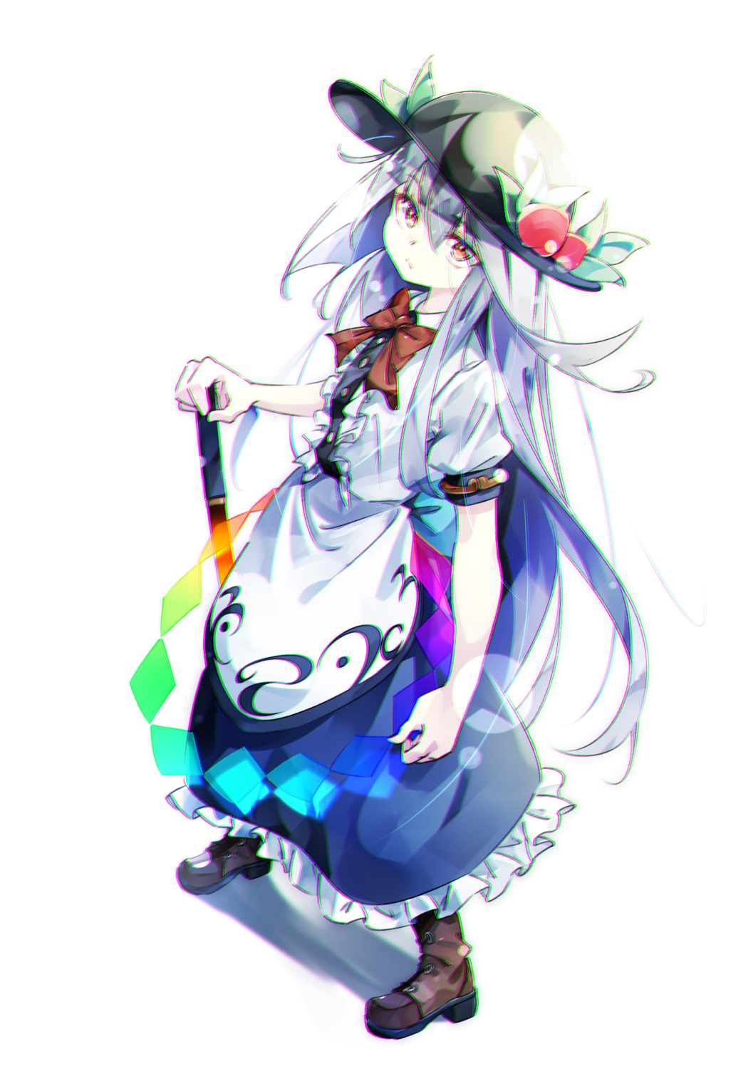1girl black_headwear blue_hair blue_skirt boots bow bowtie brown_footwear buttons center_frills closed_mouth frilled_skirt frills fruit_hat_ornament full_body gorilla_(bun0615) hair_between_eyes hat hat_ornament highres hinanawi_tenshi long_hair peach_hat_ornament puffy_short_sleeves puffy_sleeves rainbow_order red_bow red_bowtie red_eyes shirt short_sleeves simple_background skirt solo standing sword sword_of_hisou touhou weapon white_background white_shirt