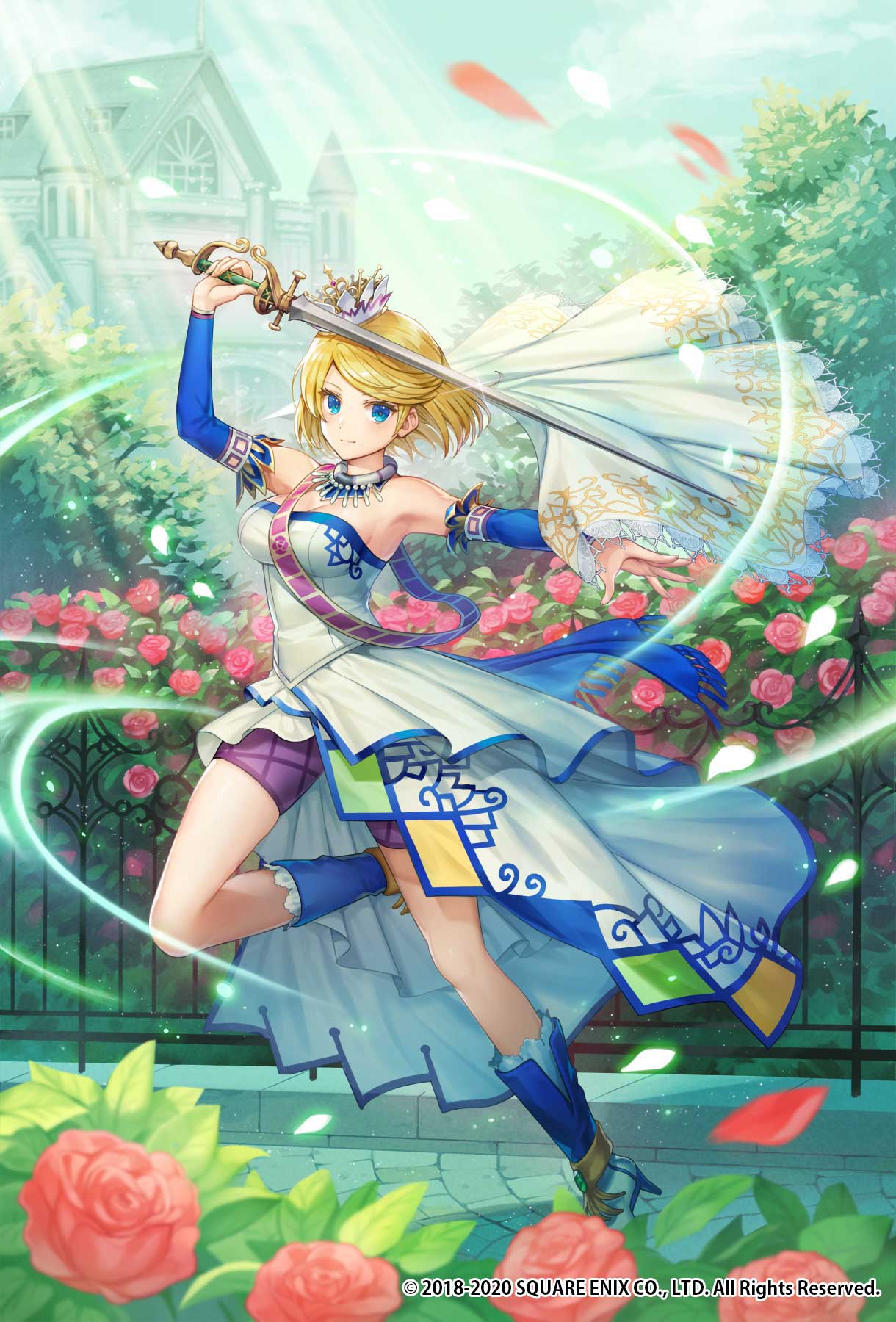 1girl arm_warmers aura blonde_hair blue_eyes blue_footwear bob_cut boots building bush copyright crown day dress falling_petals fence flower fringe_trim full_body hand_up high-low_skirt high_heel_boots high_heels highres holding holding_sword holding_weapon jewelry light_smile looking_at_viewer multicolored_clothes multicolored_dress necklace official_art outdoors outstretched_arm pavement petals pink_flower pink_rose purple_shorts romancing_saga_re;universe rose rose_bush sash short_hair shorts shorts_under_dress shoulder_sash solo standing standing_on_one_leg strapless strapless_dress swept_bangs sword taranboman tilted_headwear tree two-tone_footwear veil weapon white_dress white_footwear white_veil