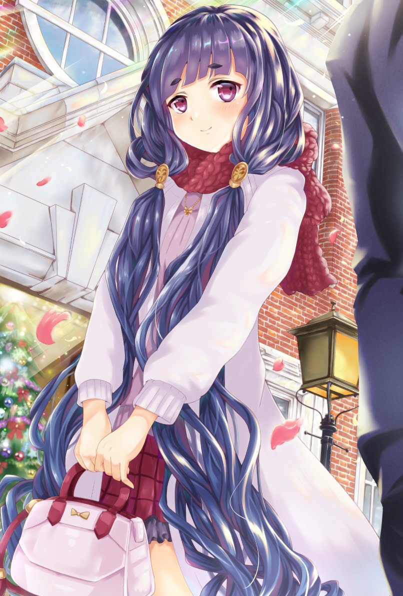 1girl bag cagasyo christmas_ornaments christmas_tree closed_mouth commentary_request day european_architecture handbag holding holding_bag kokindenju_no_tachi_(tenka_hyakken) lamppost long_coat long_sleeves looking_at_another low_twintails official_alternate_costume outdoors pleated_skirt purple_hair skirt smile solo tenka_hyakken twintails v_arms violet_eyes wavy_hair winter_clothes