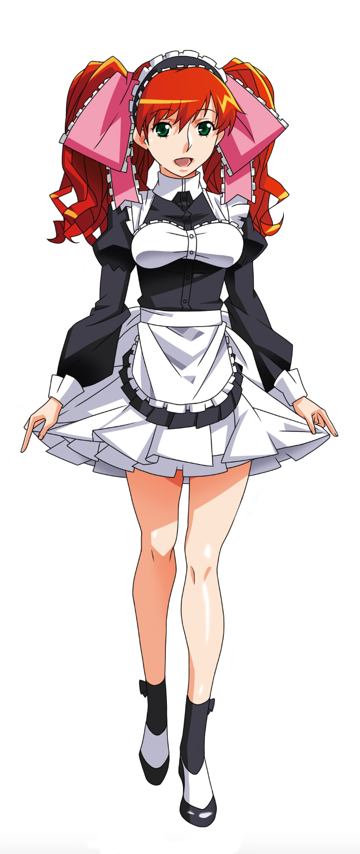 1girl apron asahina_yurina clothes_pull full_body green_eyes hair_ribbon highres juliet_sleeves long_hair long_sleeves looking_at_viewer maid maid_apron maid_headdress miniskirt non-web_source official_art open_mouth photoshop_(medium) puffy_sleeves redhead ribbon simple_background skirt skirt_pull solo super_real_mahjong twintails waist_apron white_apron white_background white_skirt