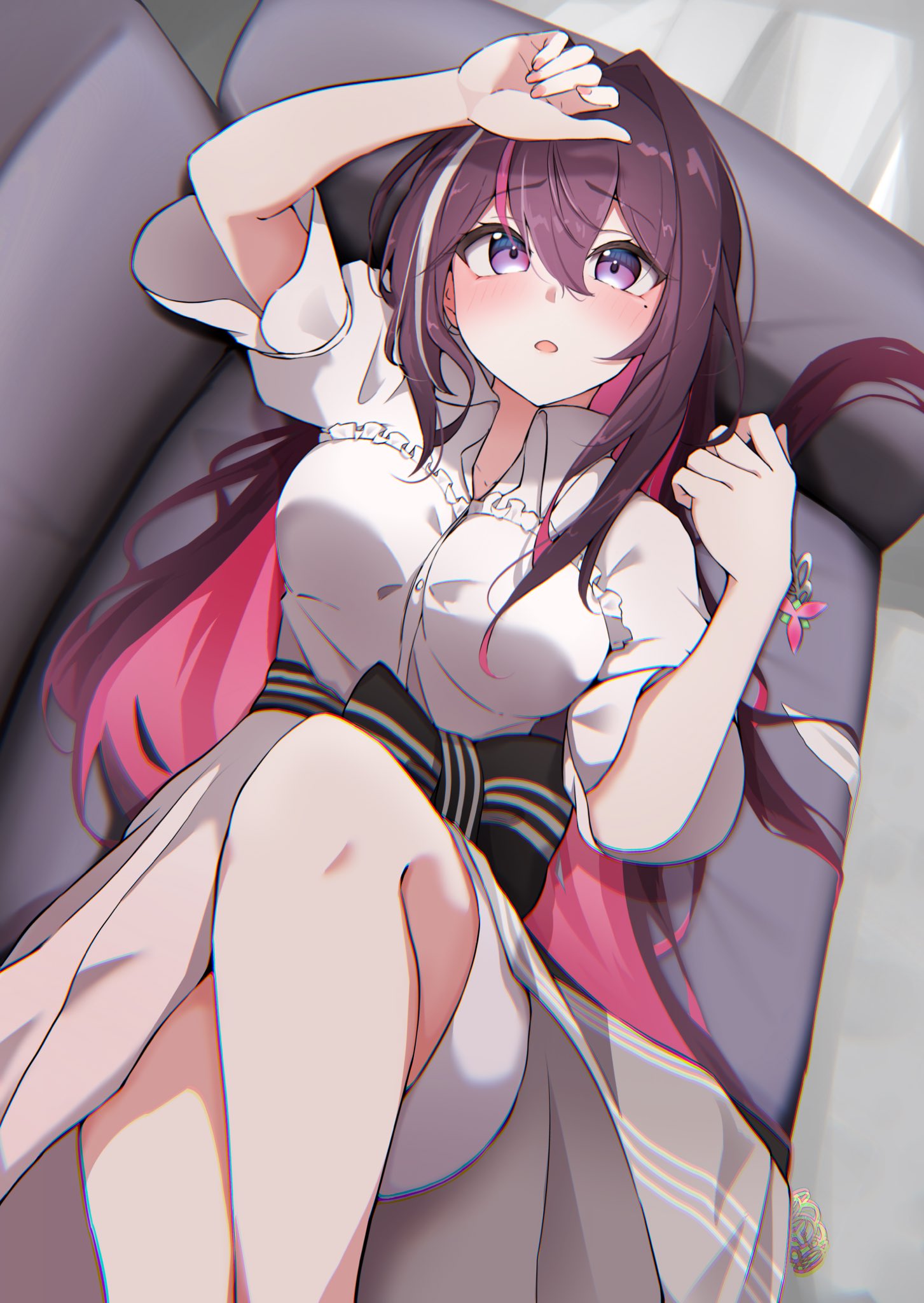 1girl azki_(4th_costume)_(hololive) azki_(hololive) black_hair blush colored_inner_hair dress hair_between_eyes hair_intakes highres hololive long_hair looking_at_viewer lying mole mole_under_eye multicolored_hair nail_polish on_back open_mouth parted_lips pink_hair pink_nails solo unworn_hairclip violet_eyes virtual_youtuber white_hair yamaki_(yamaki801)
