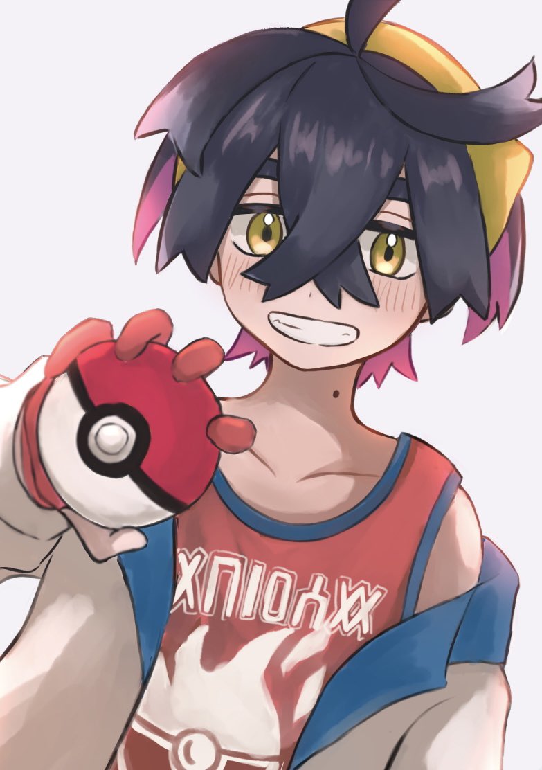 1boy ahoge aritsune01 black_hair blush collarbone colored_inner_hair commentary_request crossed_bangs gloves grin hair_between_eyes hairband hand_up holding holding_poke_ball jacket kieran_(pokemon) looking_at_viewer male_focus mole mole_on_neck multicolored_hair off-shoulder_jacket off_shoulder partially_fingerless_gloves poke_ball poke_ball_(basic) pokemon pokemon_(game) pokemon_sv red_gloves red_shirt shirt short_hair sleeveless sleeveless_shirt smile solo tank_top teeth upper_body white_background white_jacket yellow_eyes yellow_hairband