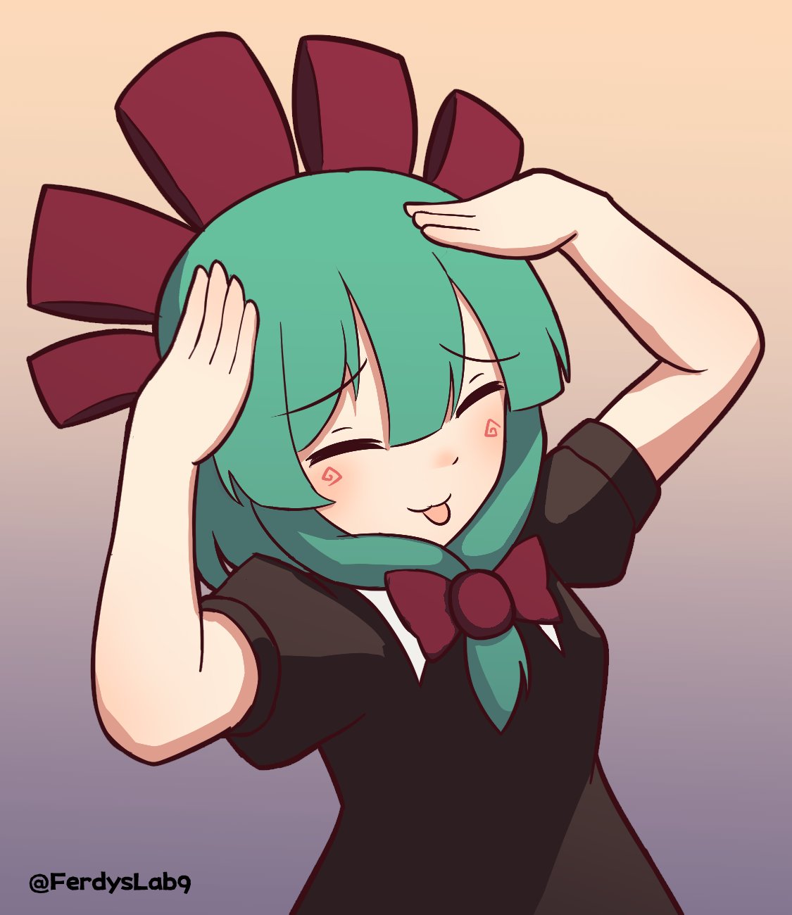 1girl bow commission ferdy's_lab front_ponytail green_hair hair_bow hair_ribbon hands_on_own_head highres kagiyama_hina red_bow red_ribbon ribbon solo touhou twitter_username upper_body