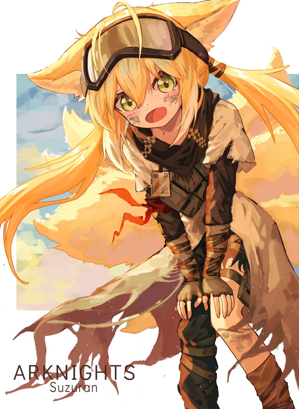 1girl animal_ears arknights arm_ribbon black_scarf blonde_hair character_name copyright_name dirty dirty_face eason870408 feet_out_of_frame fingerless_gloves fox_ears fox_girl fox_tail gloves goggles goggles_on_head green_eyes hands_on_own_knees highres kitsune kyuubi leaning_forward long_hair looking_at_viewer multiple_tails official_alternate_costume open_mouth red_ribbon ribbon scarf solo suzuran_(arknights) suzuran_(lostlands_flowering)_(arknights) tail twintails
