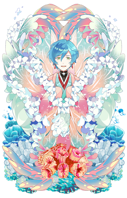 1boy ahoge air_bubble aqua_kimono black_shirt blue_hair bubble choker coral coral_earrings coral_reef earrings ensemble_stars! floating_clothes frills green_eyes hagoromo hair_between_eyes haori jacket japanese_clothes jewelry kimono long_sleeves looking_at_viewer male_focus official_alternate_costume parted_lips pink_jacket seashell shawl shell shinkai_kanata shirt short_hair sleeves_past_fingers sleeves_past_wrists slothm22 smile solo straight-on teeth turtleneck upper_body upper_teeth_only white_background wide_sleeves
