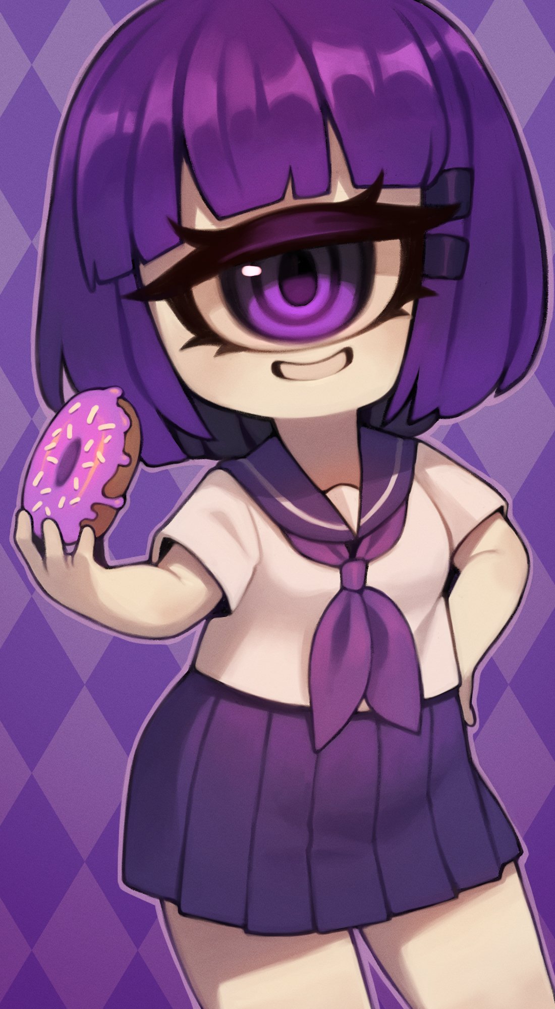 1girl argyle argyle_background bob_cut breasts commentary commission contrapposto cyclops doughnut english_commentary food hair_ornament hairclip hand_on_own_hip highres medium_breasts miniskirt one-eyed original purple_hair purple_sailor_collar purple_skirt sailor_collar skirt smile solo violet_eyes zombiemiso