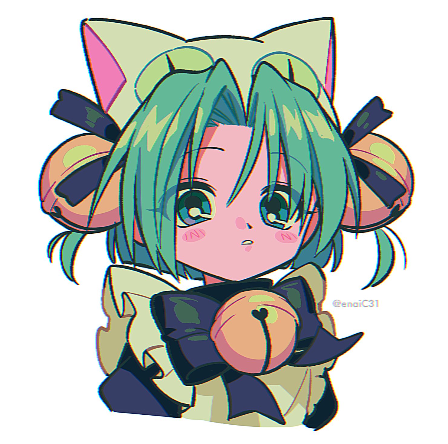 1girl animal_hat apron bell black_bow blush_stickers bow cat_hat cropped_torso dejiko di_gi_charat disgust eyelashes green_eyes green_hair grey_hair hair_bell hair_ornament hat highres looking_at_viewer menma_(enaic31) neck_bell parted_lips short_hair simple_background solo twitter_username white_apron white_background
