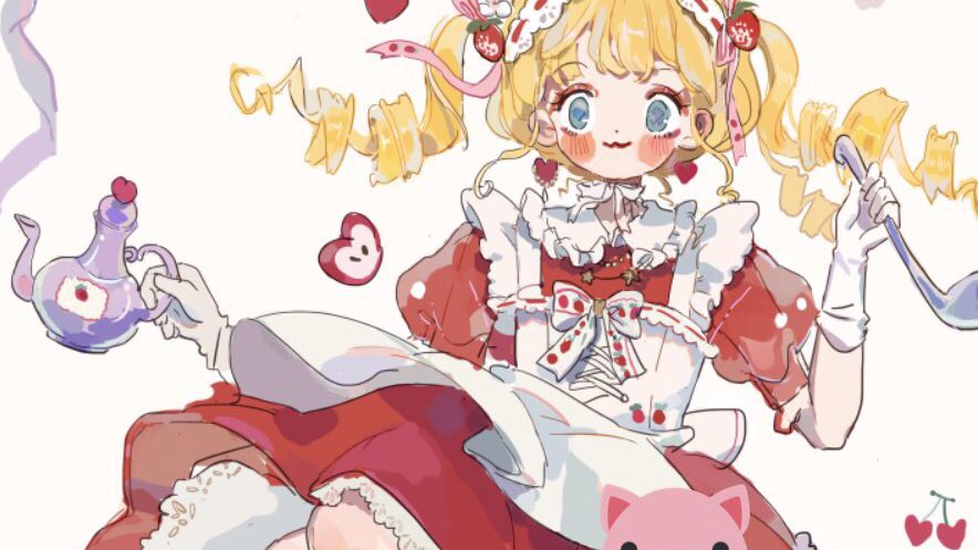 1girl :3 apple apple_slice apron back_bow blonde_hair blue_eyes bow bowtie cherry close-up closed_mouth collar collared_dress cross-laced_apron dress drill_hair earrings eyeshadow food food-themed_hair_ornament food_print frilled_collar frilled_sleeves frills fruit gloves hair_ornament hair_ribbon hairband heart heart_earrings holding holding_ladle holding_teapot jewelry lace-trimmed_dress lace_hairband lace_trim ladle lolita_hairband looking_at_viewer makeup original pink_eyeshadow pink_ribbon puffy_short_sleeves puffy_sleeves putong_xiao_gou red_dress ribbon ribbon-trimmed_hairband short_dress short_sleeves smile solo strawberry_hair_ornament strawberry_print teapot twin_drills twintails white_apron white_background white_bow white_bowtie white_collar white_gloves white_hairband