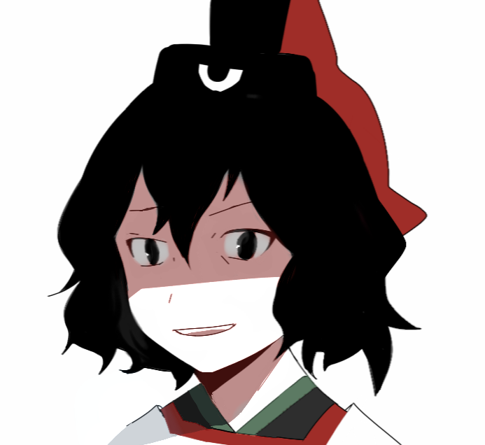 1other androgynous black_eyes black_headwear cocopalm commentary eye_of_senri hat hat_ribbon japanese_clothes jinbei_(clothes) kariginu len'en open_mouth other_focus raised_eyebrow red_ribbon ribbon senri_tsurubami shaded_face smile solo teeth upper_body upper_teeth_only white_background