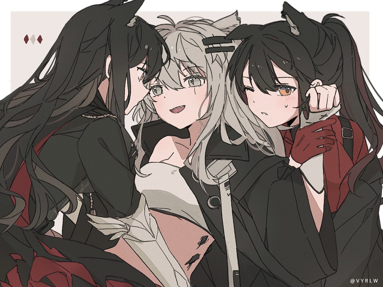 3girls animal_ear_fluff animal_ear_piercing animal_ears arknights arm_support armor artist_name belt belt_buckle black_belt black_cape black_hair black_hood black_jacket border breasts brown_eyes buckle cape clone collarbone collared_jacket color_guide commentary crop_top dot_nose ear_piercing extra_ears eye_contact fingerless_gloves from_side gauntlets gloves grey_eyes grey_hair hair_between_eyes hair_ornament hairclip hand_in_another's_hair hand_up hands_up heads_together holding_another's_wrist hood hood_down hooded_cape jacket lappland_(arknights) leaning leaning_back leaning_forward leaning_on_person long_sleeves looking_at_another looking_to_the_side medium_breasts messy_hair multicolored_cape multicolored_clothes multicolored_hair multiple_girls off_shoulder open_clothes open_jacket open_mouth oripathy_lesion_(arknights) outside_border pale_skin parted_lips piercing ponytail profile red_cape red_gloves red_shirt redhead scar scar_across_eye scar_on_face sepia_background seri_(vyrlw) sharp_teeth shirt simple_background single_bare_shoulder smile sweatdrop symbol-only_commentary teeth texas_(arknights) texas_(willpower)_(arknights) texas_the_omertosa_(arknights) texas_the_omertosa_(wingbreaker)_(arknights) tongue twitter_username two-tone_cape two-tone_hair upper_body upper_teeth_only white_border white_gloves white_shirt wide_sleeves wing_collar wolf_ears wolf_girl yuri