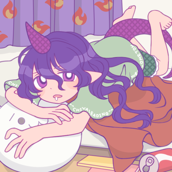 1girl :3 barefoot blanket bright_pupils can commentary_request frilled_shorts frills full_body green_shirt green_shorts hair_between_eyes horns lizard_tail lobo_(kyodai_na_robo) long_bangs long_hair looking_at_viewer lying on_stomach open_mouth plaid plaid_shorts pointy_ears purple_hair purple_horns shirt shorts single_horn soda_can solo tail tenkajin_chiyari touhou violet_eyes wavy_hair white_pupils