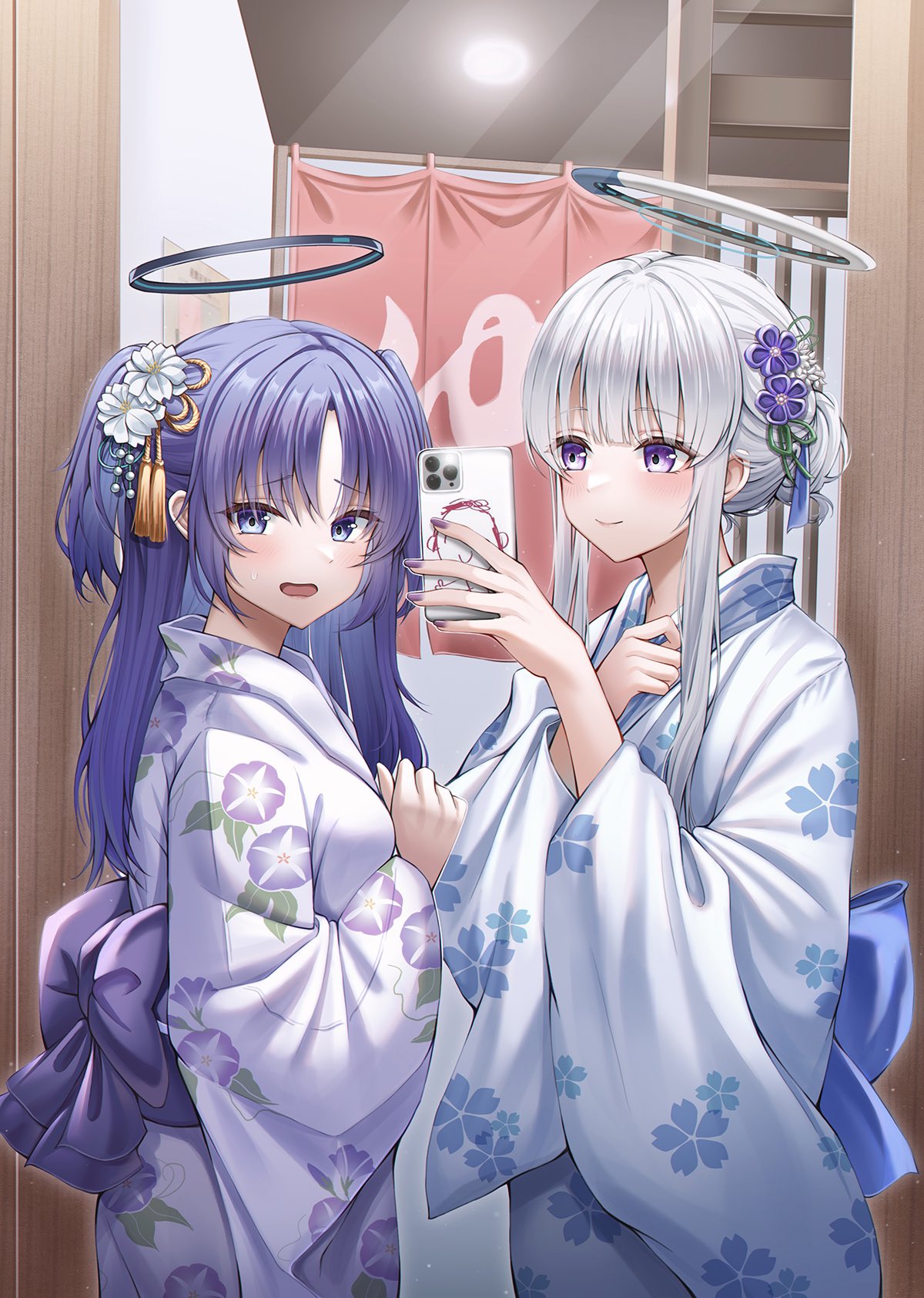 2girls architecture arona's_sensei_doodle_(blue_archive) blue_archive blue_eyes blush bow breasts east_asian_architecture hair_ornament halo highres holding holding_phone japanese_clothes kimono large_bow long_hair long_sleeves looking_at_viewer multiple_girls noa_(blue_archive) onsen phone purple_hair sensei_(blue_archive) sidelocks smile taking_picture violet_eyes white_hair white_kimono wol_(wol_927) yuuka_(blue_archive)