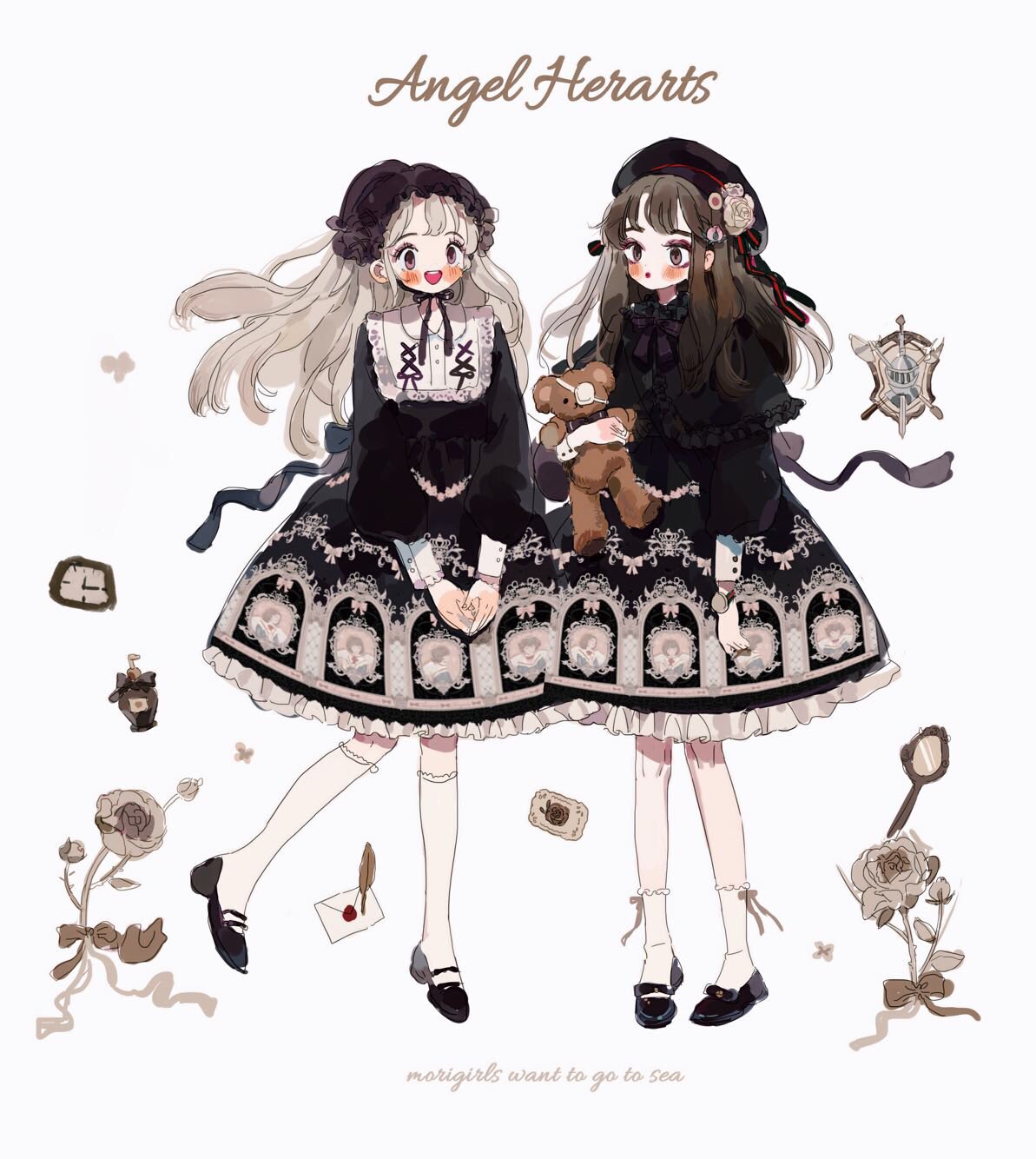 2girls :o angel_print ankle_socks black_bow black_bowtie black_capelet black_dress black_eyeshadow black_footwear black_headwear blonde_hair blunt_bangs blush_stickers bottle bow bow_legwear bow_print bowtie brown_hair buttons capelet clock collar collared_dress dress english_text envelope eyepatch eyeshadow flower footwear_bow frilled_capelet frilled_dress frilled_headwear frilled_socks frills full_body gold_bow gothic_lolita grey_eyes hair_lift hand_mirror hat hat_bow hat_flower head_scarf high_heels highres holding holding_stuffed_toy kneehighs lace-trimmed_dress lace_trim lolita_fashion long_hair long_sleeves looking_at_another makeup mary_janes mirror multiple_girls open_mouth original own_hands_together perfume_bottle pumps putong_xiao_gou quill red_lips rose shoes short_dress smile socks solo straight_hair striped striped_bow stuffed_animal stuffed_toy teddy_bear teeth upper_teeth_only watch watch white_background white_collar white_flower white_rose white_socks