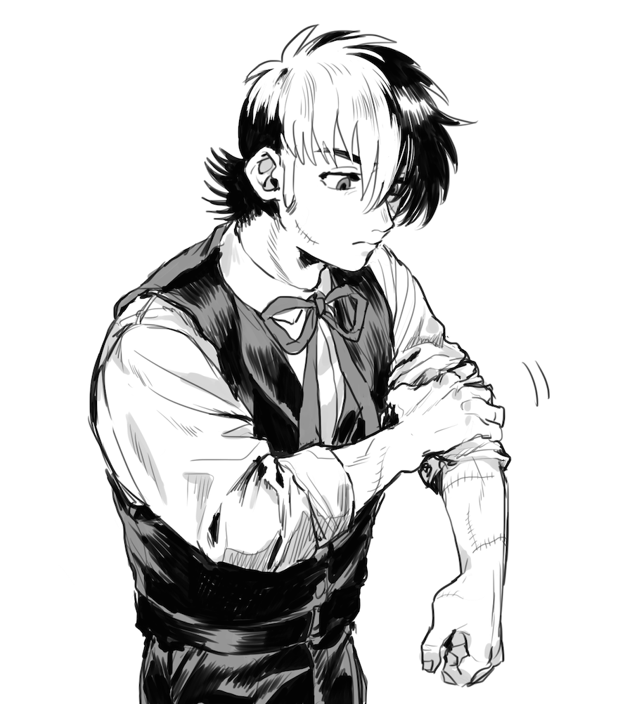1boy black_jack_(character) black_jack_(series) bow bowtie collared_shirt greyscale hair_over_one_eye long_sideburns long_sleeves looking_down male_focus mame_moyashi monochrome multicolored_hair pants rolling_sleeves_up scar scar_on_arm scar_on_cheek scar_on_face shirt short_hair sideburns simple_background solo split-color_hair two-tone_hair vest