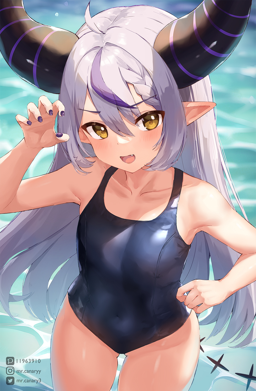 1girl ahoge braid breasts collarbone demon_girl demon_horns highres hololive horns la+_darknesss loli long_hair looking_at_viewer mr.canaryy multicolored_hair nail_polish one-piece_swimsuit pantyhose pantyhose_under_swimsuit pointy_ears purple_hair school_swimsuit small_breasts solo streaked_hair striped striped_horns swimsuit very_long_hair virtual_youtuber yellow_eyes