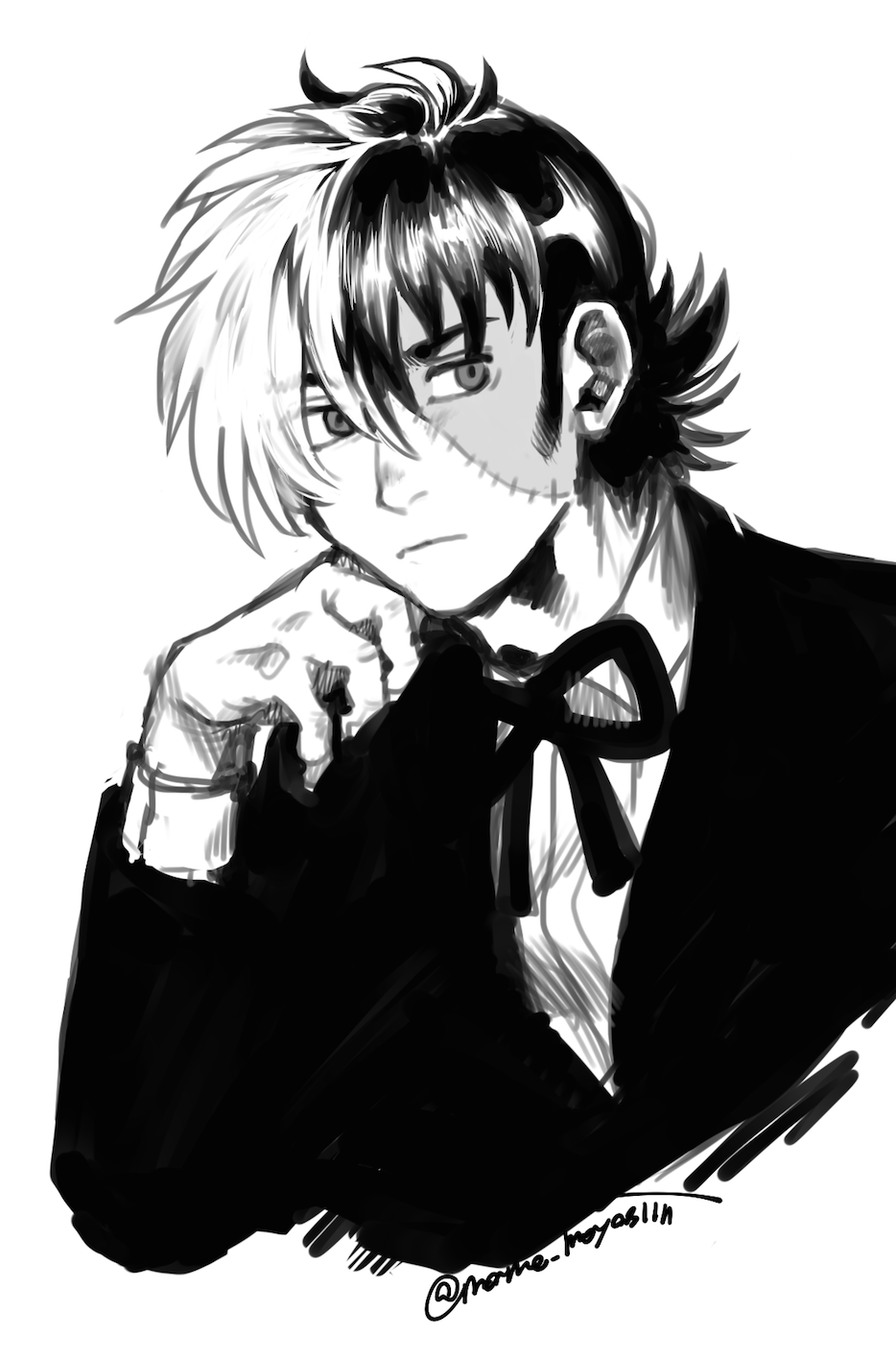 1boy artist_name black_jack_(character) black_jack_(series) bow bowtie closed_mouth collared_shirt frown greyscale hair_over_one_eye hand_on_own_cheek hand_on_own_face highres long_sideburns long_sleeves looking_to_the_side male_focus mame_moyashi monochrome multicolored_hair patchwork_skin scar scar_on_face shirt short_hair sideburns sideways_glance simple_background solo split-color_hair twitter_username two-tone_hair upper_body wing_collar