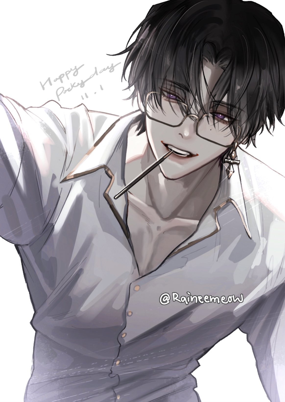 1boy algorhythm_project artist_name black_hair buttons collarbone collared_shirt commentary dated dated_commentary dress_shirt eyes_visible_through_hair food food_in_mouth glasses hair_over_eyes highres leaning_forward long_sleeves looking_at_viewer male_focus mole mole_under_eye mouth_hold open_mouth parted_bangs pocky pocky_day pocky_in_mouth raineemeow rectangular_eyewear schneider_(algorhythm_project) shirt short_hair simple_background smile solo teeth teeth_hold twitter_username upper_body violet_eyes virtual_youtuber white_background white_shirt wing_collar