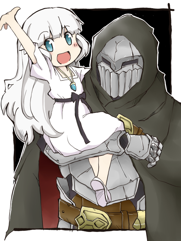 1boy 1girl arm_up armor black_cloak black_ribbon blue_eyes blush carrying carrying_person cloak commentary_request dress ender_lilies_quietus_of_the_knights full_armor hood hooded_cloak jewelry lily_(ender_lilies) long_hair looking_at_viewer necklace open_mouth pendant ribbon smile umbral_knight_(ender_lilies) white_dress white_hair zubatto_(makoto)