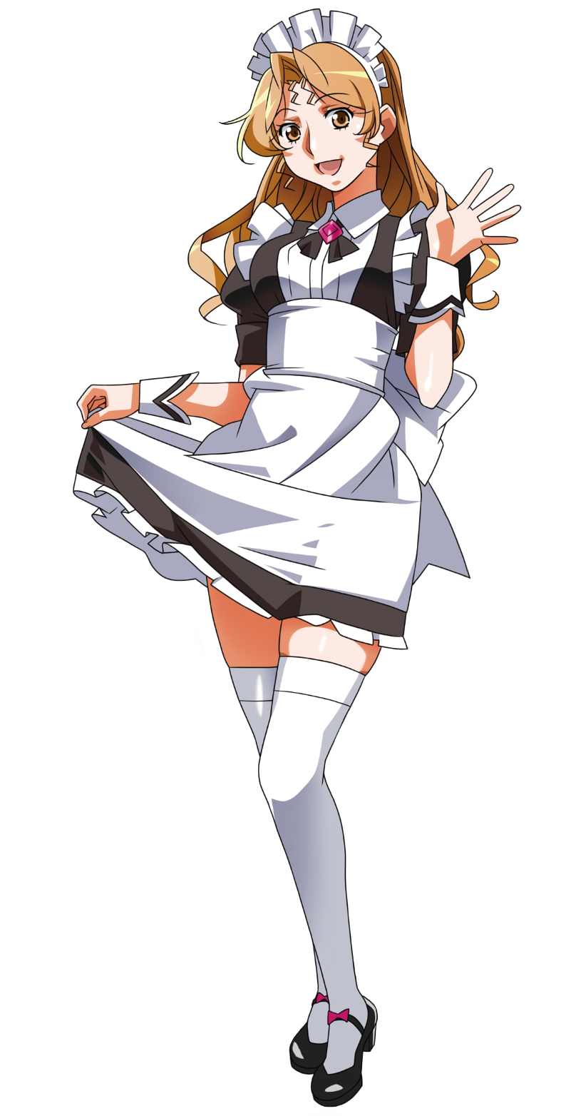 1girl black_footwear brooch brown_eyes brown_hair clothes_lift full_body hayasaka_akira highres jewelry lifted_by_self long_hair looking_at_viewer maid maid_headdress non-web_source official_art open_mouth photoshop_(medium) short_sleeves simple_background skirt skirt_lift solo standing super_real_mahjong thigh-highs waving white_background white_thighhighs wrist_cuffs
