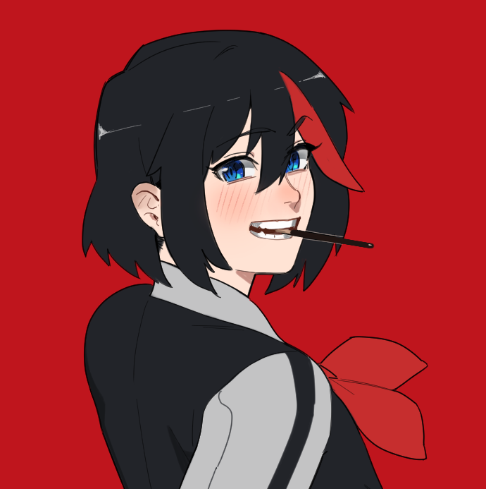 1girl black_hair black_jacket blue_eyes blush food food_in_mouth hong_doo jacket kill_la_kill looking_at_viewer matoi_ryuuko multicolored_clothes multicolored_hair multicolored_jacket neckerchief pocky pocky_in_mouth red_background red_neckerchief redhead short_hair simple_background solo streaked_hair two-tone_hair two-tone_jacket upper_body white_jacket