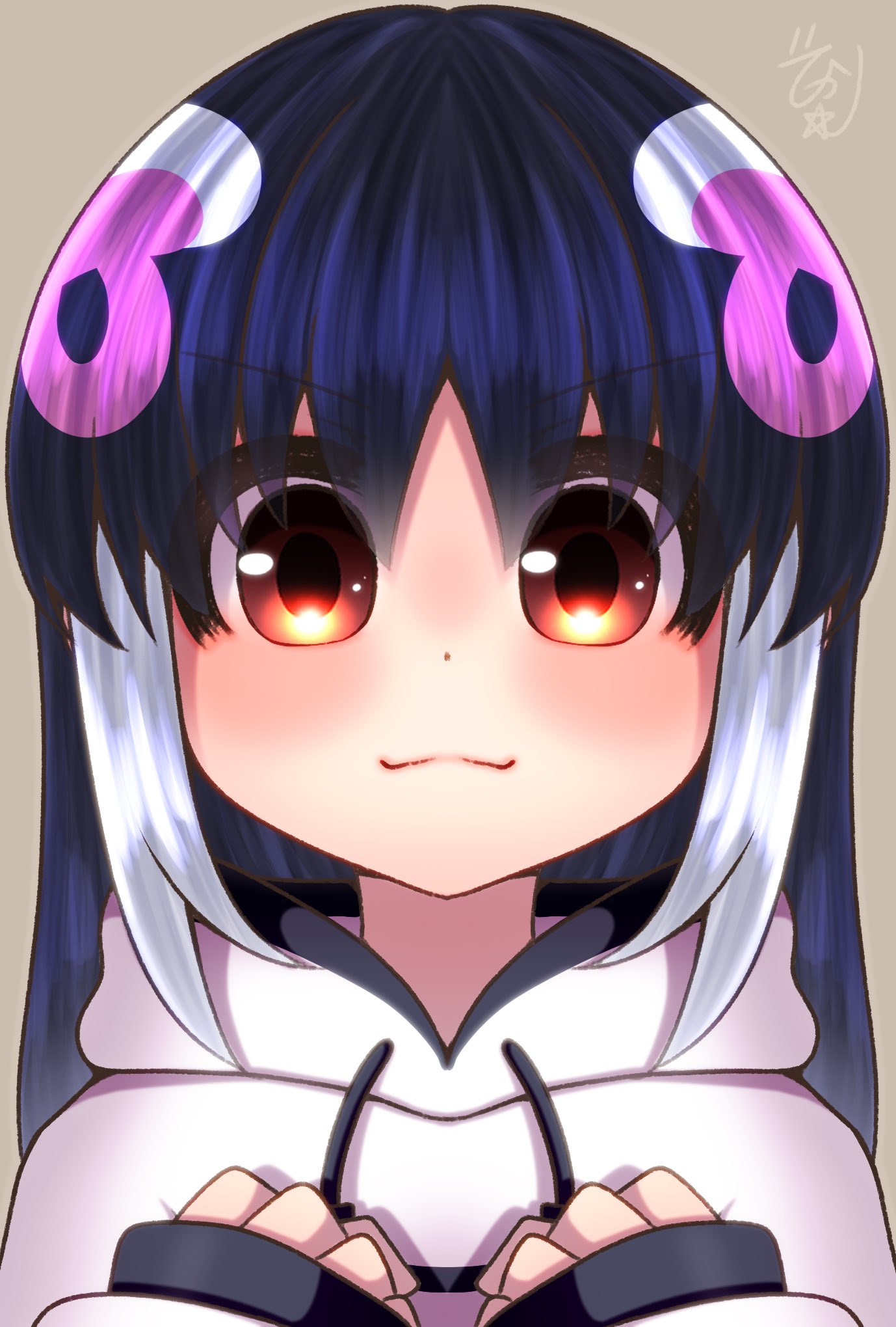 1girl african_penguin_(kemono_friends) black_hair closed_mouth grey_background highres hikarikmy hood hoodie kemono_friends kemono_friends_v_project long_hair looking_at_viewer multicolored_hair penguin_girl pink_hair red_eyes simple_background solo straight_hair upper_body virtual_youtuber white_hair