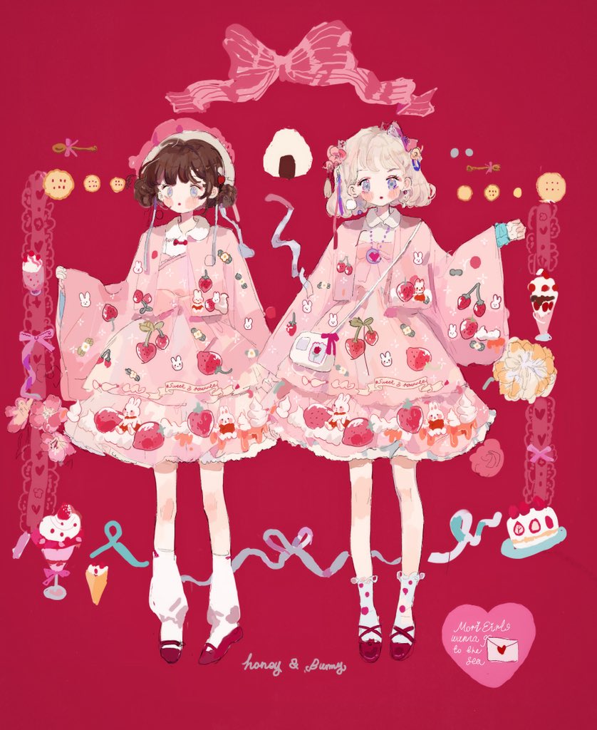 2girls animal_print ankle_socks bag blonde_hair blue_eyes blue_ribbon blush_stickers bow bowtie brown_hair cake collared_shirt cookie cross-laced_footwear dangle_earrings double_bun dress earrings english_text envelope eyelashes eyeshadow floral_print flower food food_print footwear_bow frilled_dress frills fruit full_body glass hair_bow hair_bun hair_flower hair_ornament hat hat_flower heart heart_necklace ice_cream ice_cream_cone jacket jewelry lace-trimmed_socks layered_sleeves leg_warmers lolita_fashion long_sleeves makeup mary_janes mismatched_earrings multiple_girls necklace onigiri open_clothes open_jacket original outstretched_arm pink_background pink_bow pink_bowtie pink_eyeshadow pink_flower pink_headwear pink_jacket pink_rose plate pom_pom_(clothes) pom_pom_earrings putong_xiao_gou rabbit_print red_bow red_bowtie red_footwear red_lips ribbon rose shirt shoes short_dress short_hair shoulder_bag socks spoon straight-on strawberry strawberry_print strawberry_shortcake strawberry_slice sundae traditional_bowtie waist_bow white_bag white_leg_warmers white_ribbon white_shirt white_socks wide_sleeves