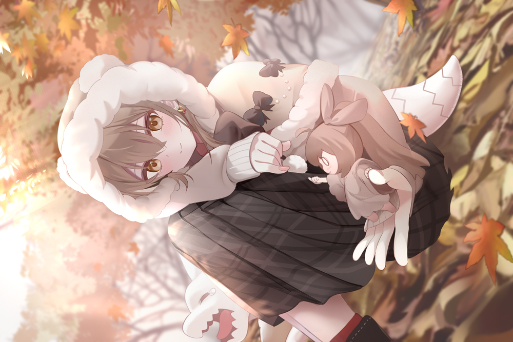 0_0 1girl animal_(nanashi_mumei) animal_hood autumn autumn_leaves bear_hood berry blurry brown_capelet brown_cloak brown_eyes brown_footwear brown_hair brown_skirt capelet chibi cloak crossed_bangs depth_of_field dual_persona earrings falling_leaves feather_hair_ornament feathers fingernails food-themed_earrings forest fur_trim hair_ornament high_tops hololive hololive_english hood hood_up jewelry leaf long_hair long_skirt mujinbensin multicolored_hair mumei_(song)_(hololive) nanashi_mumei nature official_alternate_costume pinky_out pinky_swear plaid plaid_skirt pleated_skirt red_socks ribbon shoes skirt sleeves_past_wrists smile sneakers socks streaked_hair sweater very_long_hair virtual_youtuber white_sweater