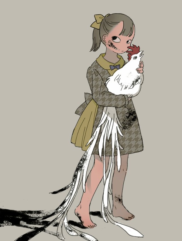 1girl animal animal_hug barefoot bird black_eyes bow bowtie brown_background brown_dress brown_hair chicken chinese_zodiac closed_mouth commentary_request dirty dirty_feet dress footprints full_body grey_bow grey_bowtie hair_bow holding holding_animal houndstooth ink ink_on_face ink_stain long_sleeves new_year original ponytail rooster shokugyo sideways_glance simple_background solo standing traditional_bowtie unmoving_pattern white_bird year_of_the_rooster yellow_bow