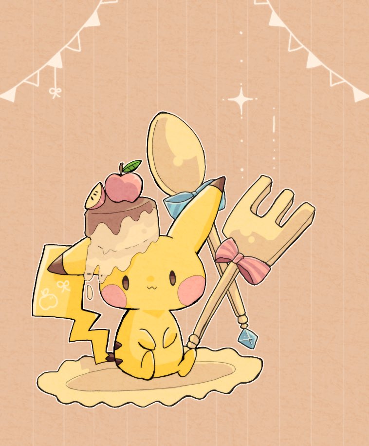 animal_focus brown_background cake colored_skin commentary_request food food_on_head fork hanabusaoekaki no_humans object_on_head pikachu pokemon pokemon_(creature) sitting solid_oval_eyes sparkle spoon striped striped_background tail yellow_skin