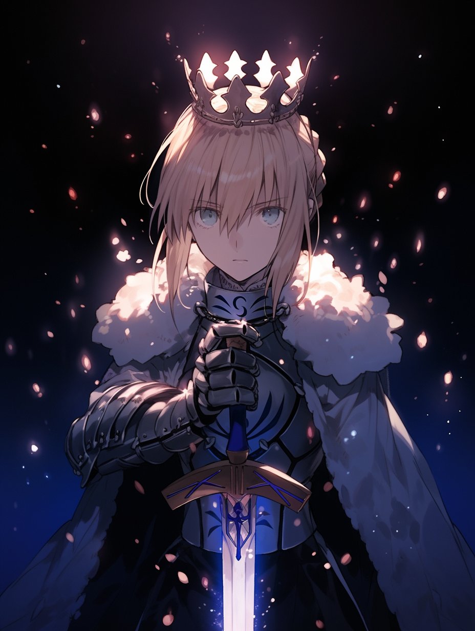 1girl ai-generated armor artoria_pendragon_(fate) blonde_hair breastplate cape commentary crown excalibur_(fate/stay_night) fate_(series) fur-trimmed_cape fur_trim green_eyes hair_between_eyes highres holding holding_sword holding_weapon looking_at_viewer saber solo sword tarte_(hodarake) weapon