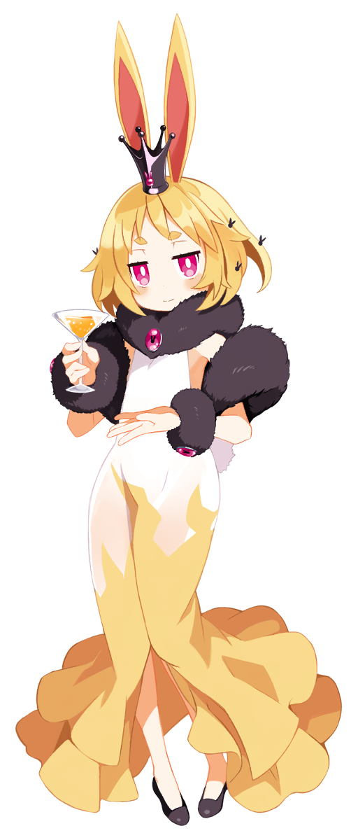 1girl animal_ears blonde_hair blush bright_pupils cocktail_glass crown cup disgaea disgaea_rpg dress drink drinking_glass formal hair_ornament highres hobble_dress holding holding_drink jitome non-web_source official_art photoshop_(medium) rabbit_ears rabbit_hair_ornament rabbit_tail red_eyes short_hair sleeveless sleeveless_dress smile solo tail thigh-highs transparent_background usalia_(disgaea)