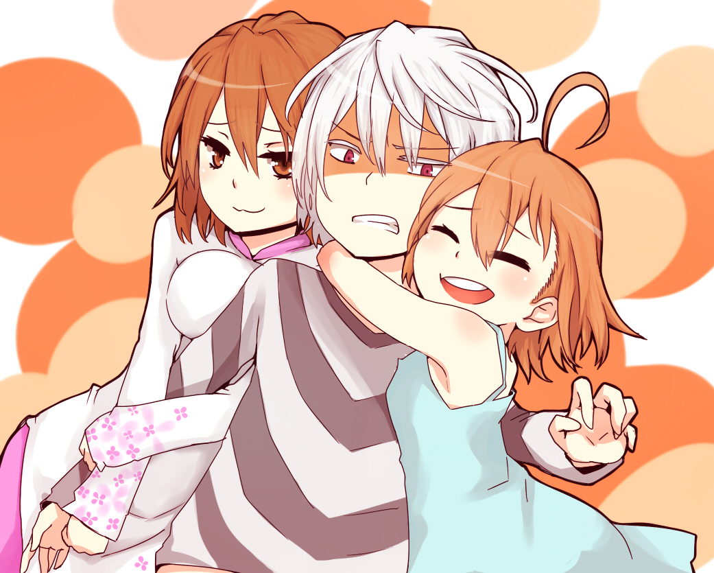 1boy 2girls :3 accelerator_(toaru_majutsu_no_index) age_difference ahoge albino annoyed arm_hug arms_around_neck bare_shoulders blue_dress breast_press breasts brown_hair child clenched_teeth closed_eyes closed_mouth commentary_request diagonal-striped_shirt diagonal_stripes dress floral_print girl_sandwich grey_shirt hair_between_eyes happy height_difference hug i.u.y last_order_(toaru_majutsu_no_index) light_blush long_bangs long_sleeves looking_at_viewer medium_breasts medium_hair misaka_worst multiple_girls no_choker open_mouth orange_background pants pink_pants red_eyes sandwiched shaded_face shirt short_hair siblings sisters sleeveless sleeveless_dress smile smug striped striped_shirt teeth toaru_majutsu_no_index toaru_majutsu_no_index:_new_testament upper_body upper_teeth_only v-shaped_eyebrows vietnamese_dress white_dress white_hair