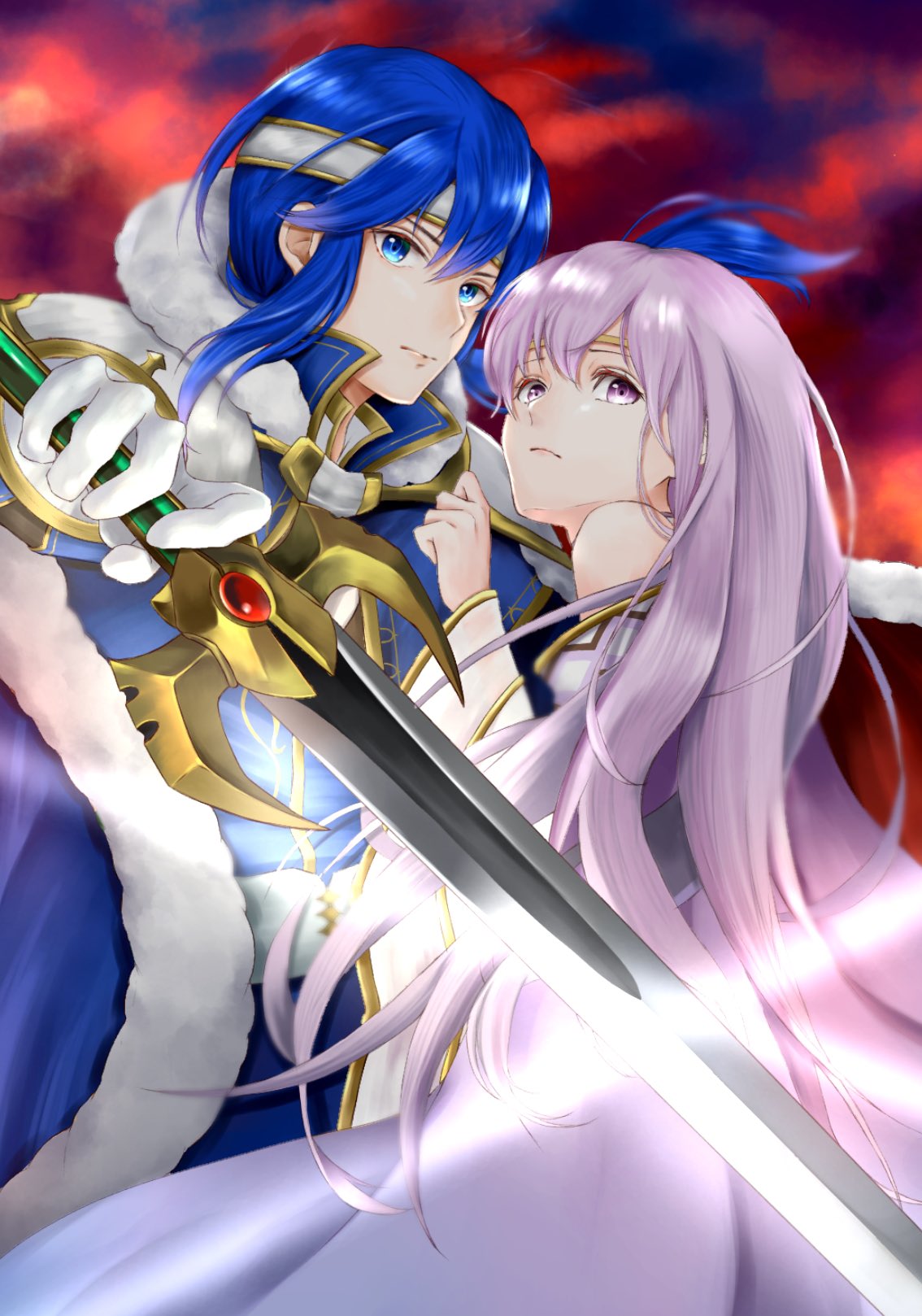 1boy 1girl aplche blue_eyes blue_hair brother_and_sister cape circlet dress fire_emblem fire_emblem:_genealogy_of_the_holy_war fur_trim headband highres holding holding_weapon julia_(fire_emblem) long_hair looking_at_viewer ponytail purple_hair seliph_(fire_emblem) siblings sword tyrfing_(fire_emblem) violet_eyes weapon white_headband