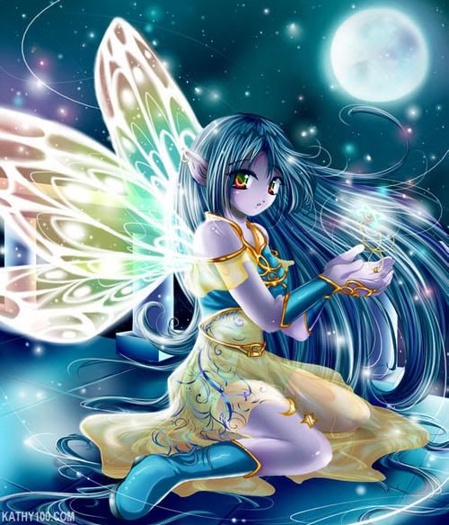 1girl arm_cuffs black_hair blue_footwear boots brown_eyes copyright_request dress fairy fairy_wings gold_trim kathy100 kneeling long_hair moon night night_sky non-web_source pointy_ears sky wings yellow_dress