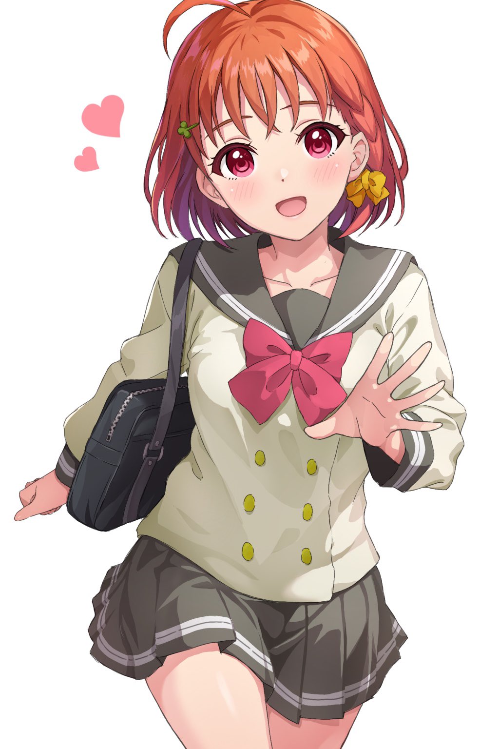 1girl ahoge bag black_bag bow bowtie braid choppy_bangs collarbone commentary_request cowboy_shot crossed_bangs green_sailor_collar green_skirt hand_up heart highres light_blush long_sleeves looking_at_viewer love_live! love_live!_sunshine!! open_hand open_mouth orange_hair pink_bow pink_bowtie pink_eyes pleated_skirt rabineru sailor_collar school_uniform shirt short_hair shoulder_bag side_braid simple_background single_braid skirt smile solo takami_chika thighs uranohoshi_school_uniform white_background white_shirt