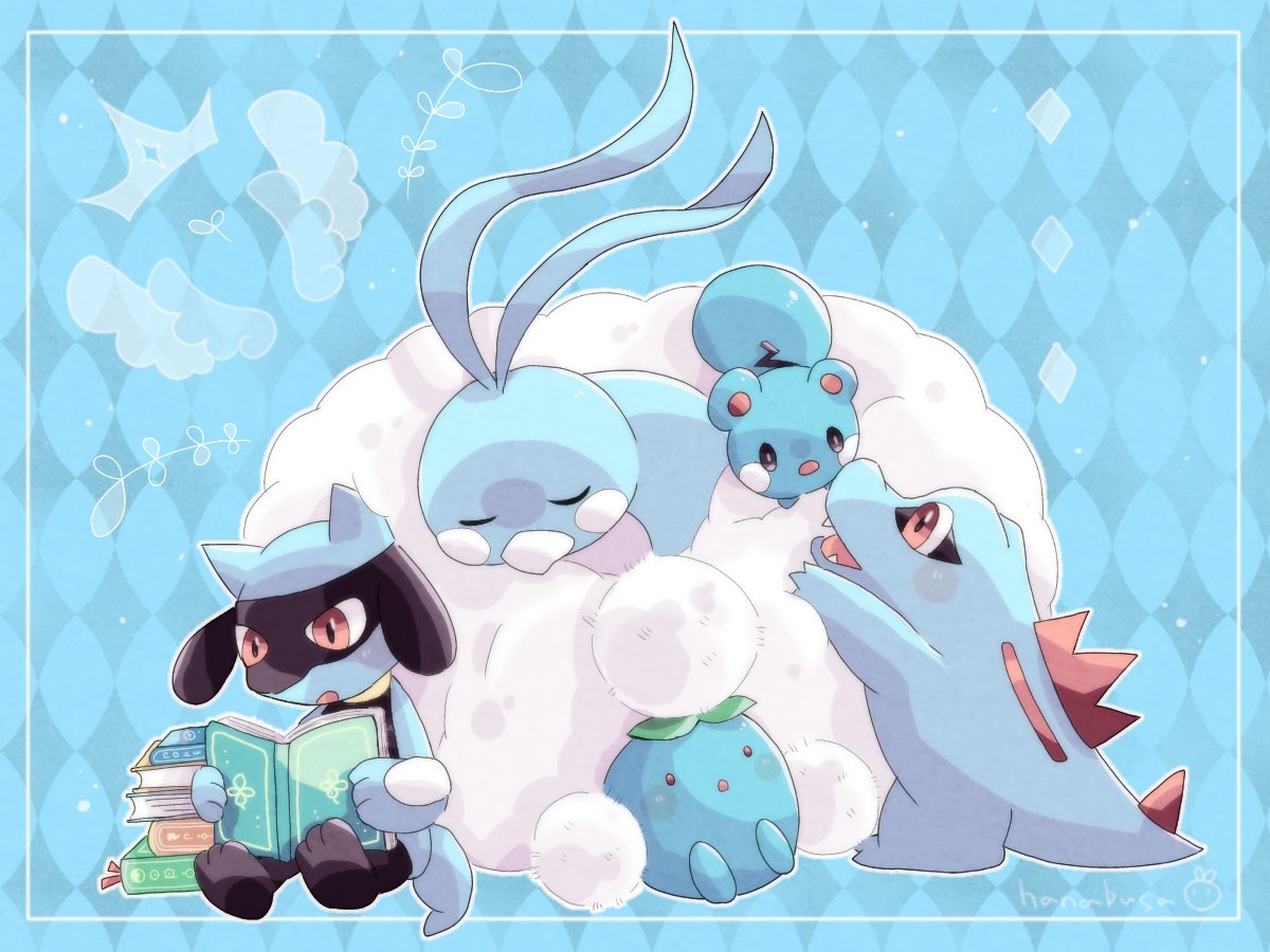 :o altaria animal_focus azurill bird blue_background blue_skin book book_stack border clouds colored_skin commentary_request crocodilian crown hanabusaoekaki holding holding_book no_humans oddish open_book patterned_background pokemon pokemon_(creature) reading red_eyes riolu sharp_teeth solid_oval_eyes teeth totodile white_border