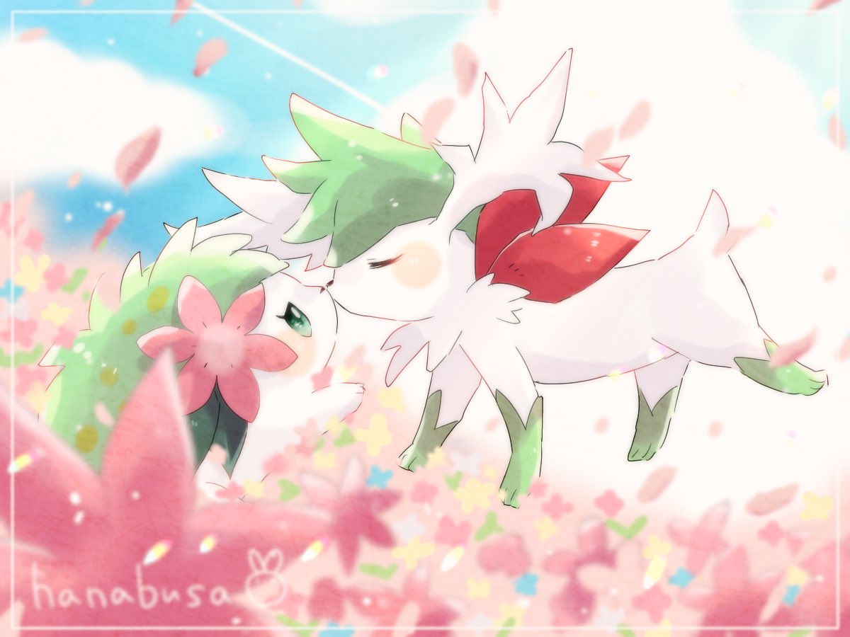animal_focus artist_name blue_sky border closed_eyes clouds commentary_request flower green_eyes hanabusaoekaki hibiscus kiss no_humans outdoors pink_flower pokemon pokemon_(creature) shaymin shaymin_(land) shaymin_(sky) sky solid_oval_eyes white_border white_fur wings