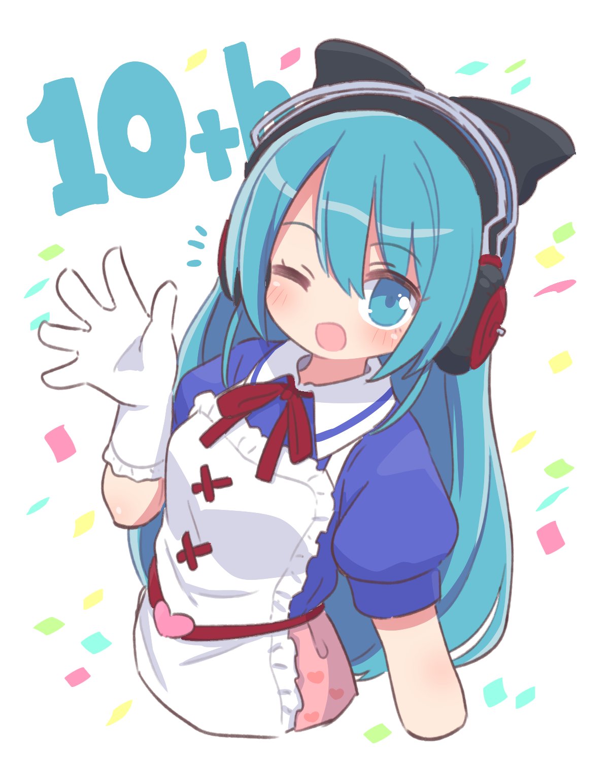 1girl ;d anniversary apron ayasaki_yuu_(band_brothers) black_bow blue_eyes blue_hair blue_shirt blush bow collared_shirt commentary_request confetti daigasso!_band_brothers frilled_apron frills gloves hair_between_eyes hair_bow headphones heart highres long_hair looking_at_viewer naga_u one_eye_closed pink_skirt puffy_short_sleeves puffy_sleeves shirt short_sleeves simple_background skirt smile solo very_long_hair white_apron white_background white_gloves