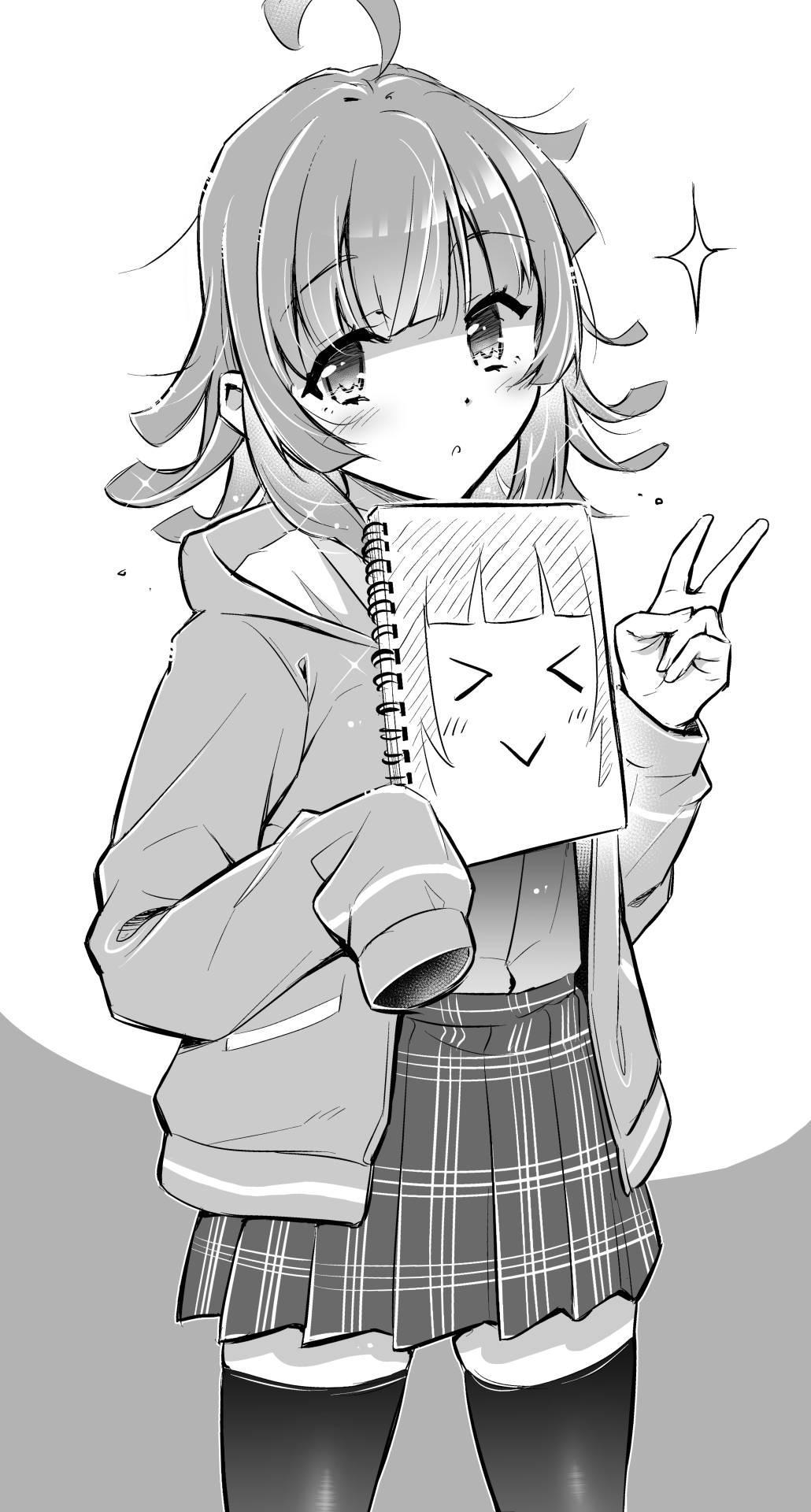 &gt;_&lt; 1girl :&gt; ahoge blackheart blunt_bangs blunt_ends blush checkered_clothes checkered_skirt commentary_request dot_nose drawing expressionless greyscale hand_up highres holding holding_sketchbook hood hooded_jacket jacket long_sleeves looking_at_viewer love_live! love_live!_nijigasaki_high_school_idol_club medium_hair miniskirt monochrome nijigasaki_academy_school_uniform pleated_skirt rina-chan_board school_uniform shirt sidelocks sketchbook skirt sleeves_past_fingers sleeves_past_wrists solo sparkle tennouji_rina thigh-highs thighs v zettai_ryouiki