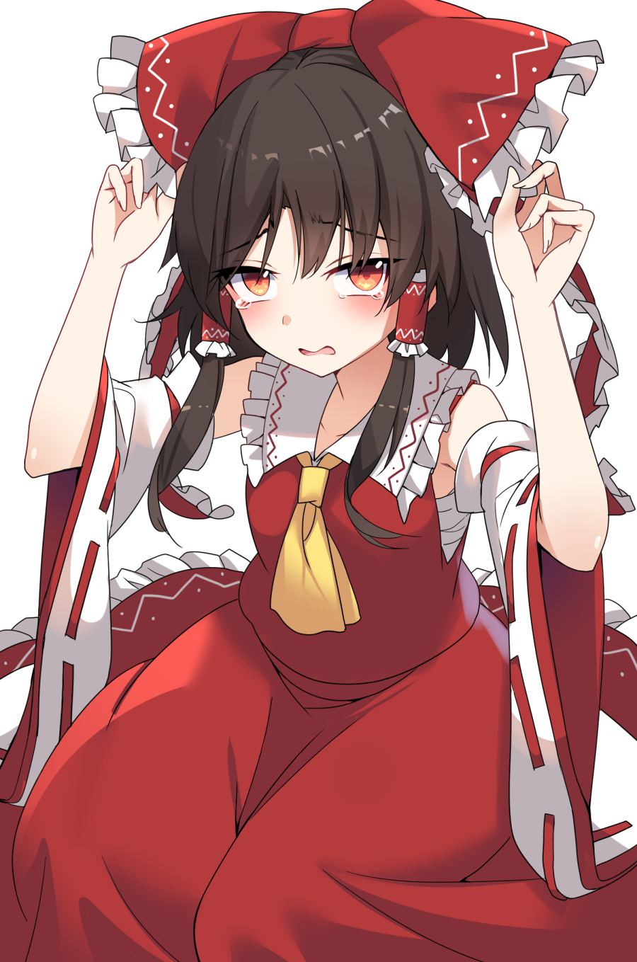 1girl ascot bare_shoulders blush bow brown_hair crying crying_with_eyes_open detached_sleeves e.o. hair_bow hair_tubes hakurei_reimu highres japanese_clothes long_hair nontraditional_miko open_mouth red_bow red_eyes red_skirt ribbon-trimmed_sleeves ribbon_trim sidelocks simple_background skirt solo tears touhou white_background white_sleeves wide_sleeves yellow_ascot