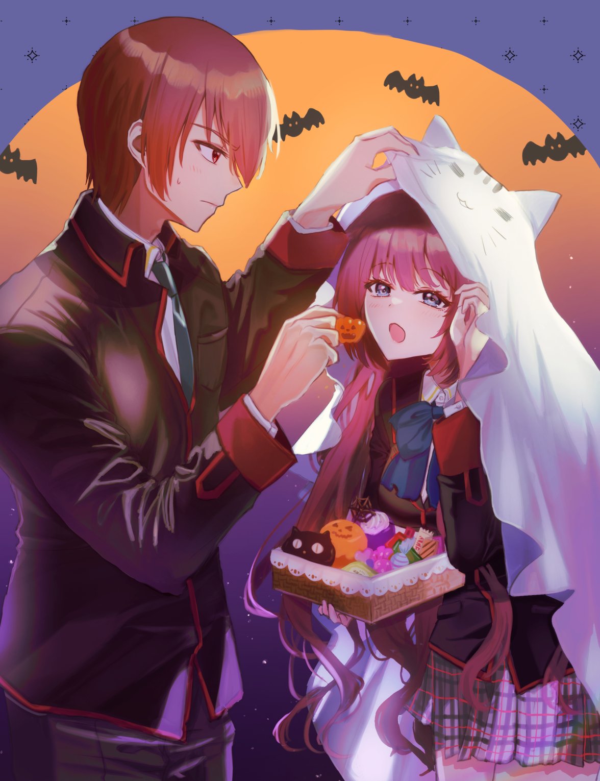 1boy 1girl a-chan_senpai animal_print bat_(animal) black_jacket blazer blue_bow blue_eyes blush bow box brown_eyes brown_hair cat_print closed_mouth commentary_request cowboy_shot doruji eyelashes feeding food from_side ghost_costume grey_skirt hair_between_eyes halloween hand_up hetero highres holding holding_box jack-o'-lantern jacket little_busters! little_busters!_school_uniform long_hair long_sleeves looking_at_another miiizuno_lbs miniskirt natsume_kyousuke open_mouth orange_background plaid plaid_skirt profile purple_background purple_hair school_uniform short_hair sidelocks simple_background skirt standing sweatdrop sweets two-tone_background very_long_hair wavy_hair