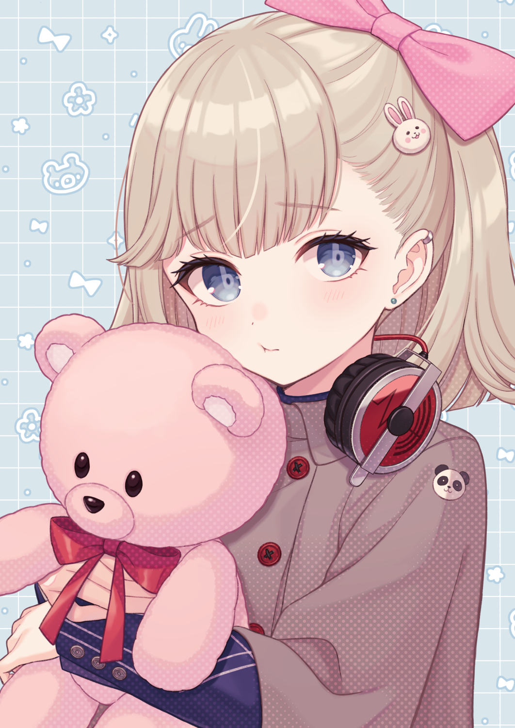1girl blonde_hair blue_background blue_eyes blue_jacket blush bow brown_coat closed_mouth coat commentary_request earrings hair_bow hair_ornament headphones headphones_around_neck highres holding holding_stuffed_toy jacket jewelry long_sleeves looking_at_viewer master_detective_archives:_rain_code pink_bow pout pucci_lavmin rabbit_hair_ornament red_bow shiromikan short_hair solo stuffed_animal stuffed_toy teddy_bear upper_body